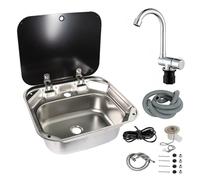 Campervan Sink with Folding Faucet, 42 * 37 * 15CM Stainless Steel Single Bowl Hand Wash Basin Sink with Lid, Space Saving RV Sinks for Camper Van and Motorhome