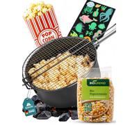 Campfire Popcorn Maker - Incl. Popcorn Kernels, Popcorn Bags & Glow Tattoos - Carbon Steel Popcorn Maker for Campfire, Grill & Fire Bowl - Outdoor Popcorn Pan, Popcorn Set