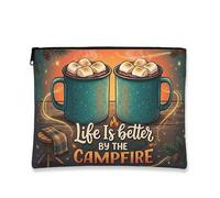 Campfire Themed Makeup Bag, Vintage Cozy Cosmetic Pouch for Women, Portable Zipper Organizer for Travel, Autumn Camping Accessory, Teal, 7x9 Inch, Campfire