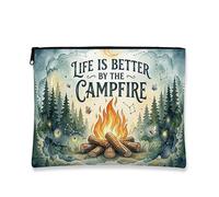 Campfire Themed Makeup Bag, Vintage Forest Cosmetic Travel Pouch for Women, Portable Canvas Zipper Organizer, Outdoor Adventure Toiletry Bag, Blue, 7x9 Inch, Fire