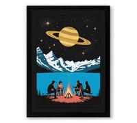 Campfire Under Saturn Modern Framed Wall Art Print A1 (84.1×59.4cm) Black, Wall Decor for Living Room, Bedroom, Office & Home, Ready to Hang, Art Gift