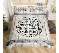 Camping Adventure Duvet Cover Set Double Size,Camper RV Trailer Decor Bedding Set 3pcs for Kids Boys Girls Adults,Retro Wooden Plank Cottage Rustic Farmhouse Quilt Cover,2 Pillowcases