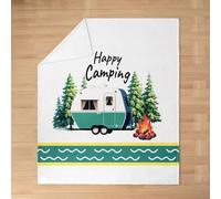 Camping Adventure Kids Flannel Blanket,Stripe RV Trailer Cartoon Camper Bed Blanket,Bonfire Campfire Pine Tree Rustic Girls Boys Sofa Decor,Natural Green Fuzzy Blanket,Twin Size (60 x 80 Inches)