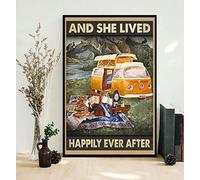 Camping and She Lived Happily Ever After Poster, Camping, Camping Wall Decor, Camping L, Hiking Poster, Girl Camping Poster Decor Poster Wall Art Tin Sign Decor Metal Sign Poster 12X8 Inches