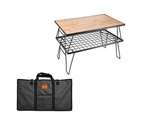 Camping BBQ Grill 2Pcs Outdoor Folding Multipurpose Storage Rack with 1pc Removable Bamboo Board, Steel Plating Black T-230-2TP