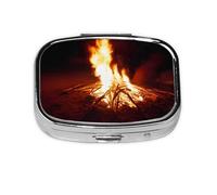 (Camping Bonfire) Square Pill Box with 2 Compartment Small Pill Organizer Portable Pill Case Vitamin Containers, Travel Essentials 5.5x4x1.8 cm