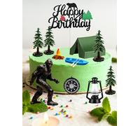 Camping Cake Topper Set with Bigfoot, 14 Pcs Individually Wrapped & Reusable for Hygiene, Lifelike Sasquatch, Tent, Birthday Signs, for Adults Forest Camper Theme Birthday Party Decorations