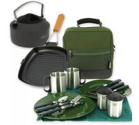 Camping Cooking Kit Portable Cookware Set with Deluxe Cutlery Plates, Mugs, Sugar Containers, Frying Pan, 1.1L Lightweight Kettle, and Carry Case Ideal for Outdoor Adventures, Picnics and Fishing