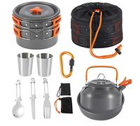 Camping Cookware Kit Outdoor Aluminum Cooking Set for 2 to 3 People Non Stick Folding Camping Pans and Pots Travelling Camping Hiking Picnic BBQ Orange