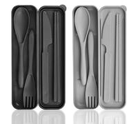 Camping Cutlery Reusable 2 Piece Travel Cutlery Set with Case, Plastic Cutlery Set with Case, Spoon, Knife, Fork, Chopsticks, Portable Cutlery for On The Go, Outdoor, Picnic, Travel (Black, Grey)