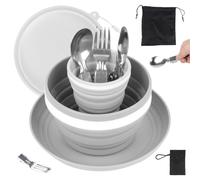 Camping Cutlery Set for 1, Folding Camping Plates and Bowls Set, 7 Pcs Camping Mess Kit Include Knife, Spoon, Fork, Cup, Bowl & Plate, Camping Utensils, Crockery Sets for Travel Outdoor Hiking Picnic