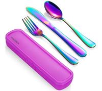 Camping Cutlery Set with Case, 4-Piece Stainless Steel Portable Travel Utensils, Reinforced Case with Snap-Lock Closure, Lunch Box for Camping Work School, Fork Spoon Knife, Dishwasher Safe, Rainbow