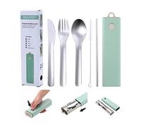 Camping Cutlery Set with case Outdoor Dining Cutlery Set Reusable Cutlery Set with Knife,Fork,Spoon, Straw, Brush picnicware for Home Use/Travel Cutlery Set (Green & Grey)