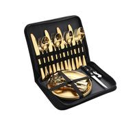 Camping Cutlery Set with Case, Portable Food-Grade Stainless Steel Picnic Utensils with Spoons Forks Plate, Ideal for Road Trips, Picnics, and Camping Adventures (4 Man-Golden)