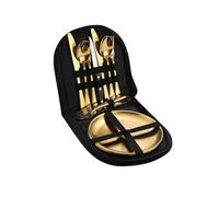 Camping Cutlery Set with Case, Portable Food-Grade Stainless Steel Picnic Utensils with Spoons Forks Plate, Ideal for Road Trips, Picnics, and Camping Adventures (Double-Gold)