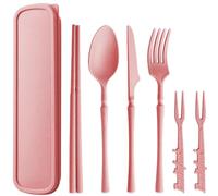 Camping Cutlery Utensils Set with Case, Portable Reusable Travel Plastic Spoon Fork Knife Chopsticks for Lunch Box Picnic Work School or Daily Use (Pink)