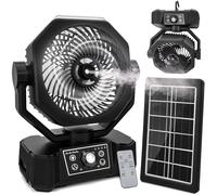 Camping Fan, 12000mAh Solar Misting Fan with Solar Panel and LED Lantern, Remote Control Rechargeable Battery Powered Fan with Hidden Hook, Time Setting, Silent Tent Fan for Barbecue, Fishing, Travel