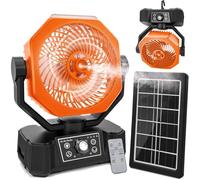 Camping Fan, 12000mAh Solar Misting Fan with Solar Panel and LED Lantern, Remote Control Rechargeable Battery Powered Fan with Hidden Hook, Time Setting, Silent Tent Fan for Barbecue, Fishing, Travel