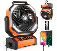 Camping Fan with Light - 20000mAh Rechargeable Battery Fan, 112Hrs Max Run Time, 8 Speeds, Digital Display, Timer, Auto Oscillation, 270° Pivot & Hook for Camping, Power Outage, Hurricane (Orange)