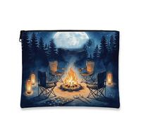 Camping Fire Makeup Bag, Night Skyline Cosmetic Pouch for Women, Portable Canvas Zipper Organizer, Outdoor Skincare Toiletry Bag, Navy, 7x9 Inch, Fire