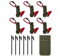Camping Guyline Kit with Carabiner, 6 x 4m Reflective Tent Guy Ropes, 6 x 30cm Metal Tent Pegs, Rope Tensioners and Carry Pouch for Tents, Tarps, Canopies, Awnings and Shelters，Army green