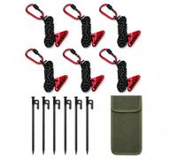Camping Guyline Kit with Carabiner, 6 x 4m Reflective Tent Guy Ropes, 6 x 30cm Metal Tent Pegs, Rope Tensioners and Carry Pouch for Tents, Tarps, Canopies, Awnings and Shelters，Black