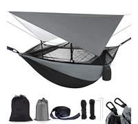 Camping Hammock 2 Person Hammocks with Net, Tent, Tree Straps Heavy Duty Waterproof Lightweight Nylon Portable Hammock for Hiking Outdoor Travel Beach Survival Backyard (Black&Grey)
