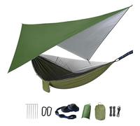 Camping Hammock with Rain Fly Tarp and Mosquito Net Tent Tree Straps, Portable Single Double Nylon Parachute Hammock Rainfly Set for Garden Beach Travel Backpacking Hiking Yard Outdoor Activities