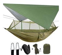 Camping Heavy Duty Hammock with Mosquito Net, Tent Tarp, Tree Straps Extra Pocket Waterproof Lightweight Gammock for Hiking Outdoor Travel Beach Survival Backyard (Dark Green+Green)