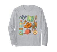Camping Hiking Gear Icons Boots Compass for Nature Lover Long Sleeve T-Shirt