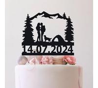 Camping Hiking Wedding Tent Cake Topper With Dog Mountain Couple Outdoor Adventure Engagement, For Funny Novelty Customized Acylic Silhouette