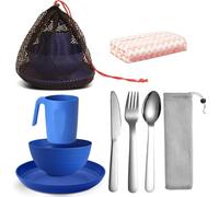 Camping Mess Kit for 1 Person with Mesh Bag Reusable Light Weight, Includes Spoons, Mugs, Bowls, Plates, Rags & Organizer Straps - Easy to Carry for Backpacking, Camping, Hiking (Blue)