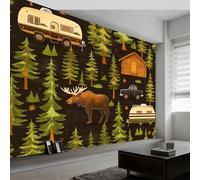 Camping Nature Animals Moose Bear 3D Panoramic Photo Wallpaper 200 x 140 cm Photo Wallpaper Mural, Green Non-Woven Premium Art Print Fleece Wall Mural Decoration Poster Picture Design Modern