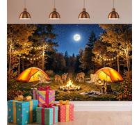 Camping Night Sky Backdrop, 10X8ft Forest Night Campfire Photography Background Starry Moonlit Sky Deer Tents String Lights Camper Theme Party Decor Photo Booth Studio Props