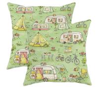 Camping Pillow Covers Set of 2, Green Vintage Caravan Print Throw Pillows Case, Outdoor Decorative Square Rustic Decor Cushion Covers for Home Sofa Bed Couch 16x16 Inch