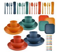 Camping Plates and Bowls Set, Coriver 48 Pcs Unbreakable Lightweight Camping Set for 4 People, Reusable Plastic Dinner Set with Plates, Bowls, Cups, Camping Crockery Sets for Dinner Party Picnic