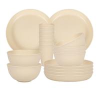 Camping Plates, Unbreakable Dinner Sets for 6, 18 Pcs Plastic Picnic Set for Party, Home & Picnic, Lightweight Microwave & Dishwasher Safe Camping Cutlery for Kids and Elderly (Beige White)
