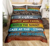 Camping Rules Duvet Cover Camper Bedding Set Single Size For Kids Child,Rustic Cabin Camping Comforter Cover Set Farmhouse Style Camping Decor Quilt Cover Vintage Wooden Plank Happy Camping Decor