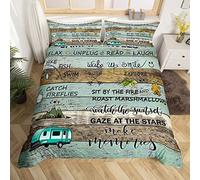 Camping Rules Duvet Cover Camper Bedding Set Single Size For Kids Child,Rustic Cabin Camping Comforter Cover Set Farmhouse Style Camping Decor Quilt Cover Vintage Wooden Plank Happy Camping Decor