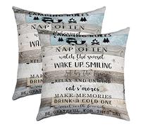 Camping Rules Pillow Covers 18x18 Inch Set of 2, Rv Camper Decor Throw Pillow Covers for Sofa Couch Bedroom, Rustic Farmhouse Cushion Cases, Vintage Wooden Barn Door Decorative Square Pillow Cases