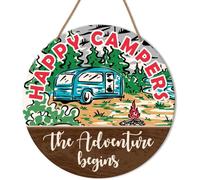 Camping Signs for Campers Campsite Inside Cabin Camp Hanging Sign Decor,Happy Camper The Adventure Begins.Home Office Farmhouse Yard Garden Synthetic Round Wood Sign 12 x 12 inch