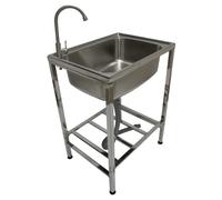 Stainless Steel Free Standing Portable Camping Sink with Tap and Drainage Pipe for Kitchen Utility Outdoor Garage Laundry Metal Multifunctional Workstation Wash Basin