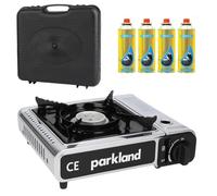 Camping Stove with Carry Case and 4 Butane Gas Canisters - Premium Portable Chrome Finishing Gas Stove EN417 Compliant With Heat Control, Piezo Ignition system- Outdoor Cooker For Picnic & Garden