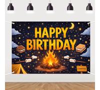 Camping Theme Birthday Backdrop,Camp Happy Birthday Decorations Forest S'Mores Camping Adventure Birthday Party Photography Background Vinyl Cake Table Banner Supplies