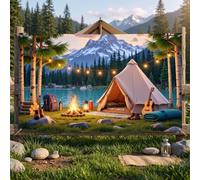 Camping Theme Party Backdrop, Forest Mountain Lake Campfire Photography Background, Happy Camper Birthday Decorations, Welcome Baby Boy Shower Woodsy Photo Booth Banner Supplies, 71 x 43 Inch