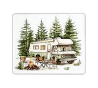 Camping Themed Mouse Pad, Green RV and Firepit Design, Nature Inspired Stitched Edge Mousepad, Non-Slip Washable for Home and Office Computer, Laptop Square 8x10 Inch