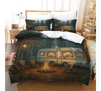 Camping Trailer-cozy Forest Night Scene Duvet Cover Sets 3 PCS Hotel Quality Quilt Cover Bed Sets Bed Covers with Pillowcases with Zipper Closure Hypoallergenic Soft Breathable Microfiber Single（140x2
