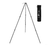 Camping tripod made of aluminum alloy with four adjustable sections, portable design for reliable cooking support during outdoor activities (Black)