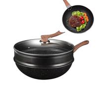 Camping Woks with Steamer 32 Cm Non Stick Woks with Lid Carbon Steel Frying Pan No Other Coated and Large Capacity Deal for Induction, Gas, All Hobs
