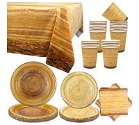 Camping Wood Grain Slice Supplies - Hunting Tableware Set for Forest Hunter Baby Shower, Animal Lumberjack Theme - Plates, Cups, Napkins, Tablecover - Serves 20